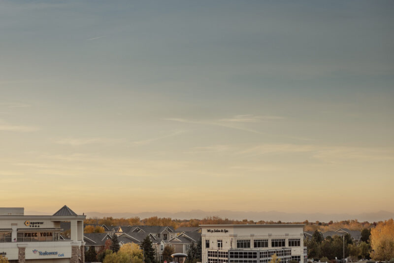 The view of Parker, Colorado at sunset.